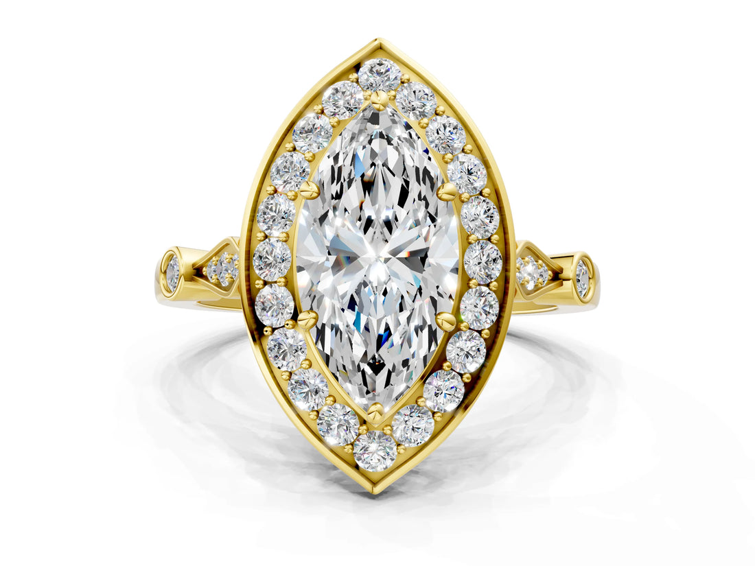 Yellow gold Marquise Halo Diamond Engagement Ring with Twisted Band and Four-Prong Setting