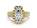 Yellow gold Marquise Halo Diamond Floral Split Shank Engagement Ring
