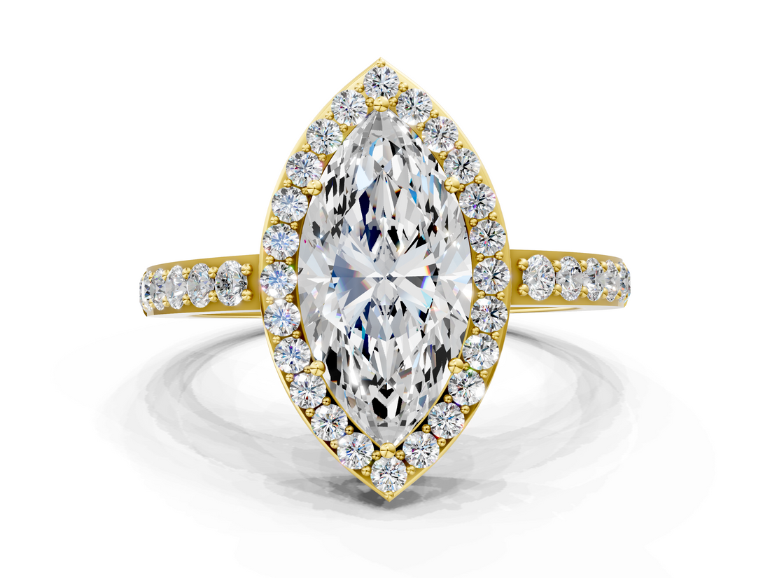 Yellow gold Marquise Halo Diamond Pavé Band Ring with Prong Setting_21