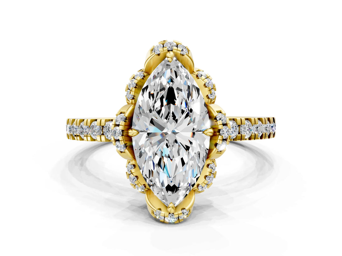 Yellow gold Marquise Halo Diamond Pave Band Ring with Four-Prong Setting_15