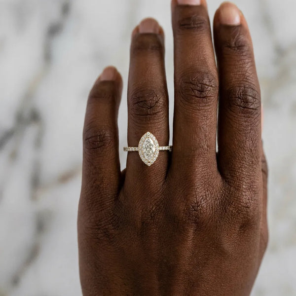 Yellow gold Marquise Cut Diamond Classic Halo Engagement Ring with Round Pavé Band and Prong Setting