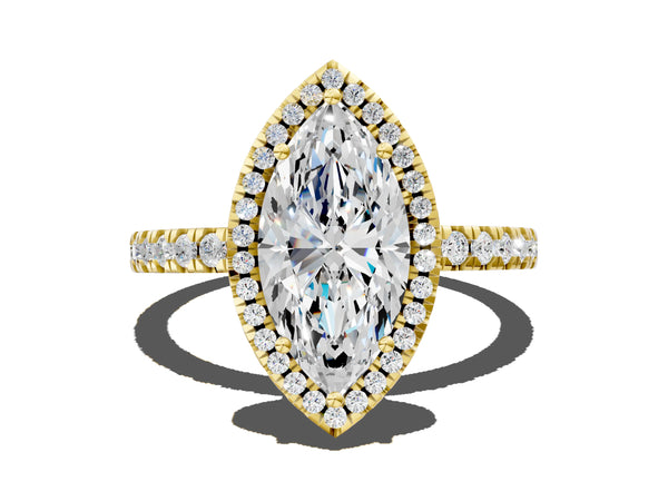 Yellow gold Marquise Cut Diamond Classic Halo Engagement Ring with Round Pavé Band and Prong Setting
