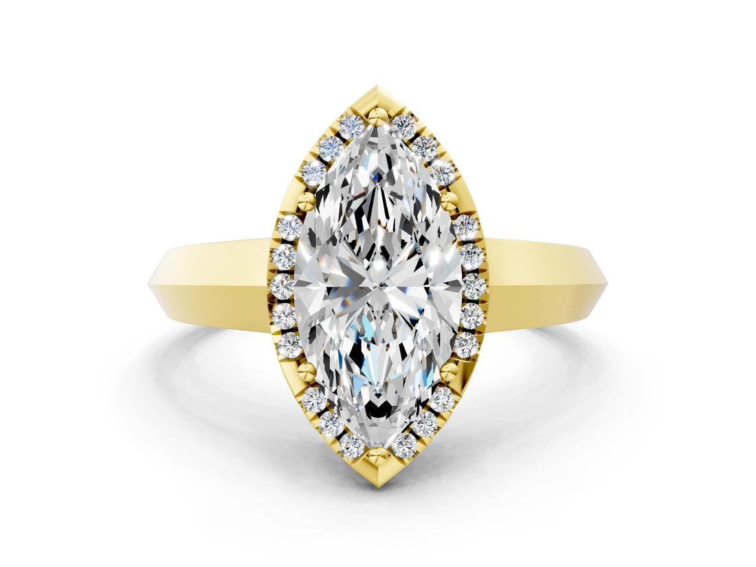 Yellow gold Marquise Halo Diamond Ring with Cathedral Band and Four-Prong Setting_59