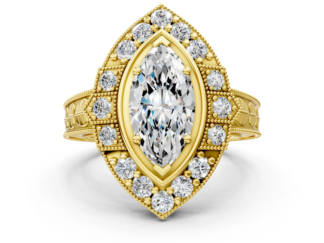 Yellow gold Marquise Halo Diamond Ring with Milgrain Bezel and Prong Setting_6