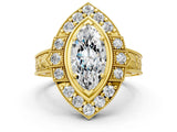 Yellow gold Marquise Halo Diamond Ring with Milgrain Bezel and Prong Setting_6