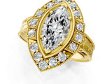 Yellow gold Marquise Halo Diamond Ring with Milgrain Bezel and Prong Setting_7