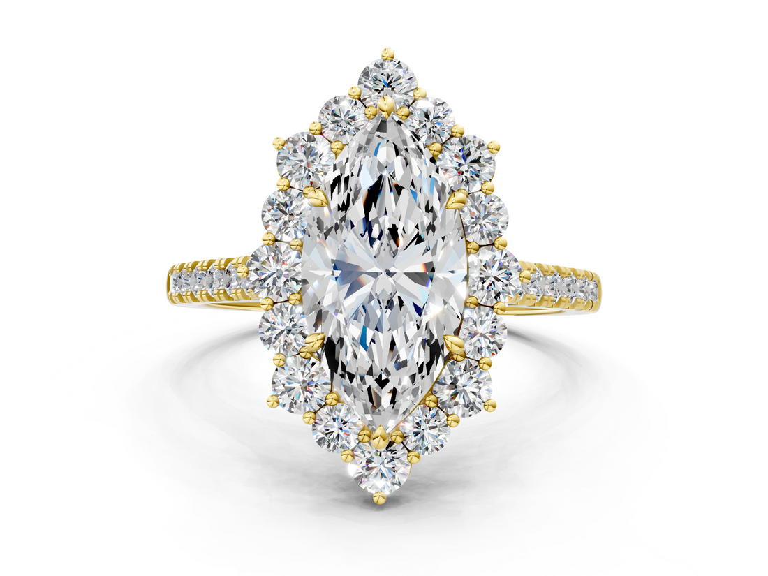 Yellow gold Marquise Halo Diamond Ring with Pavé Band and Prong Setting_37