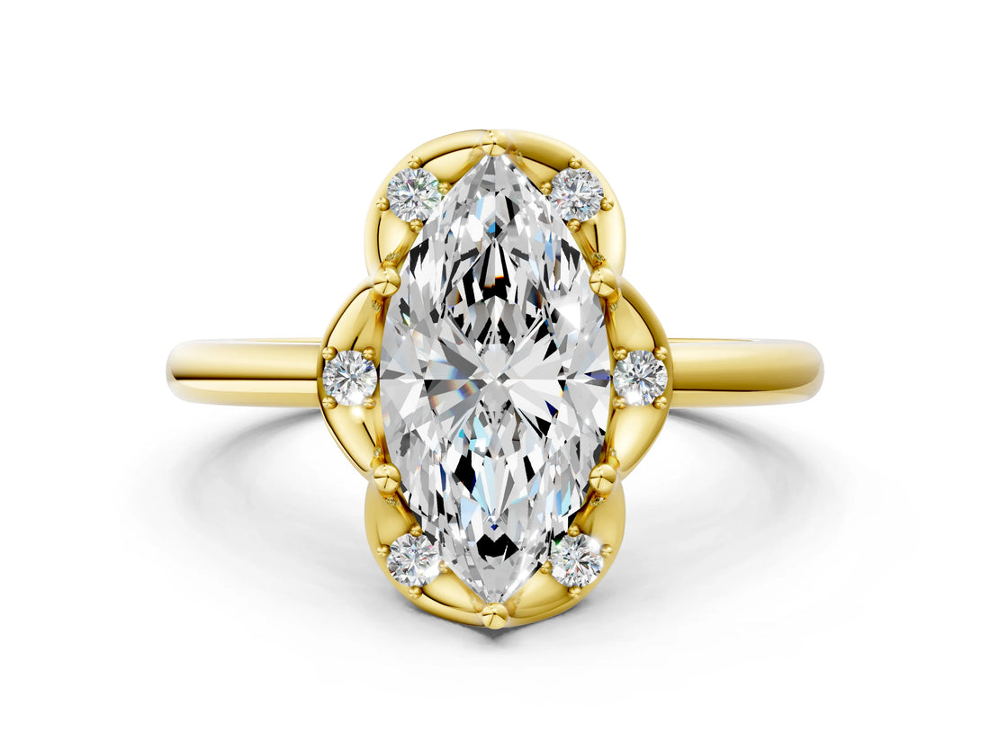 Yellow gold Marquise Halo Diamond Ring with Round Cluster Setting, Solitaire Band, and Four-Prong Setting_72