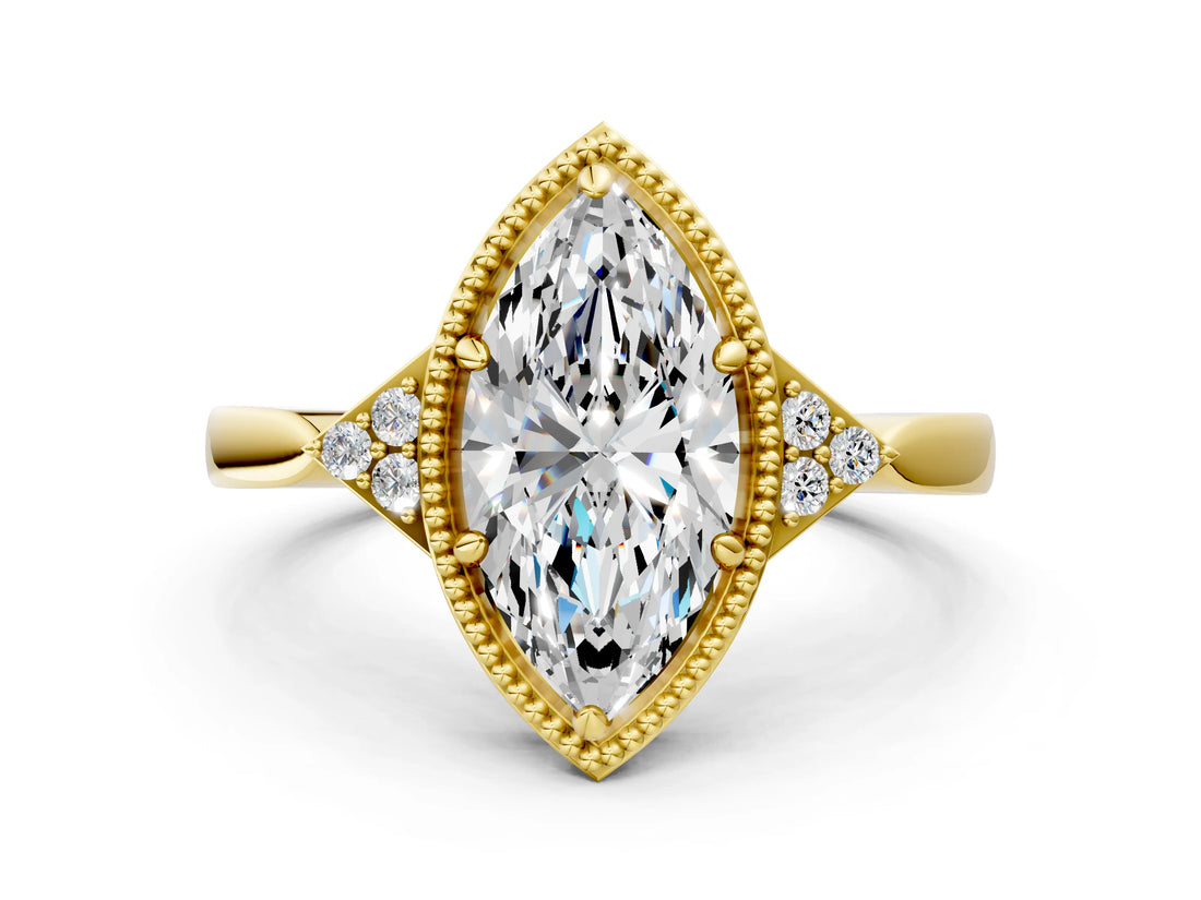 Yellow gold Marquise Halo Diamond Ring with Tapered Band and Four-Prong Setting_10