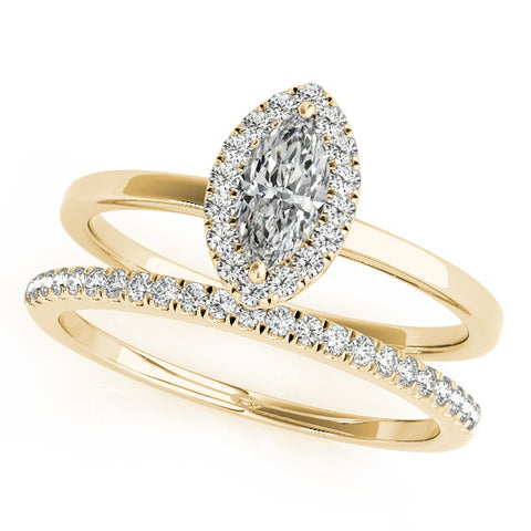 Yellow gold Marquise Halo Diamond Solitaire with Pavé Band and Four-Prong Setting 1