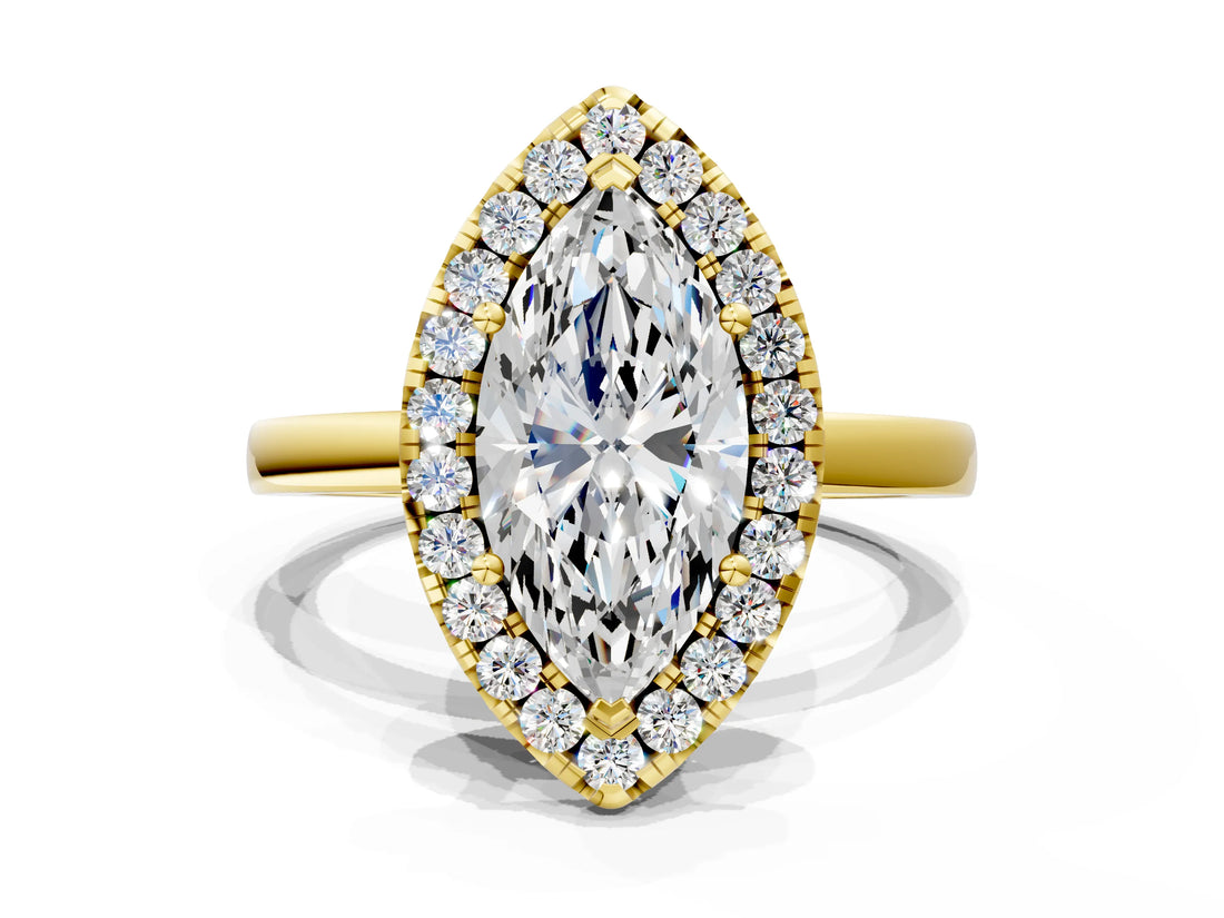 Yellow gold Marquise Halo Diamond Solitaire with Pavé Band and Four-Prong Setting_93
