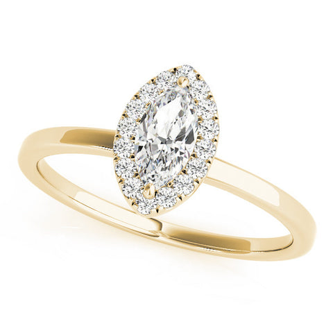 Yellow gold Marquise Halo Diamond Solitaire with Pavé Band and Four-Prong Setting