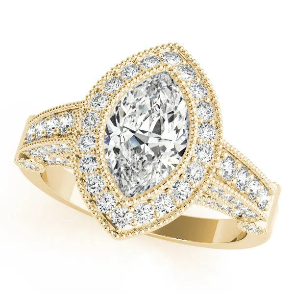 Yellow gold Marquise Halo Diamond Split Shank Pave Ring