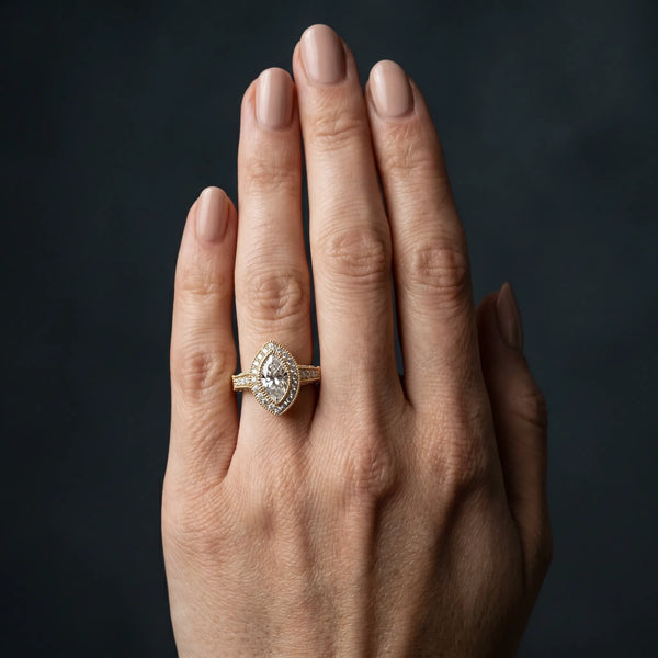 Yellow gold Marquise Halo Diamond Split Shank Pave Ring