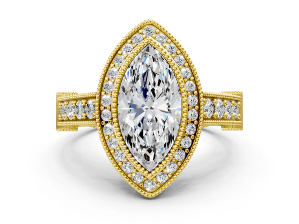 Yellow gold Marquise Halo Diamond Split Shank Pave Ring