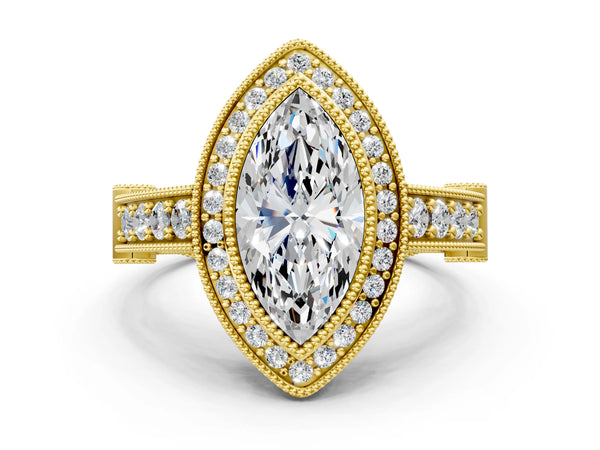 Yellow Gold Marquise Vintage Bezel Halo Engagement Ring Setting