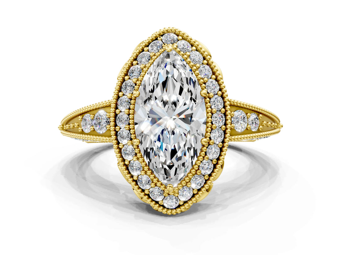 Yellow gold Marquise Halo Diamond Split Shank Ring with Milgrain Detail_49