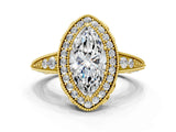 Yellow gold Marquise Halo Diamond Split Shank Ring with Milgrain Detail_49