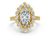 Yellow gold Marquise Halo Milgrain Pave Diamond Ring with Four-Prong Setting