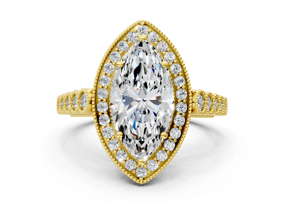 Yellow gold Marquise Halo Milgrain Solitaire with Bezel Set Side Stones and Pave Band_32