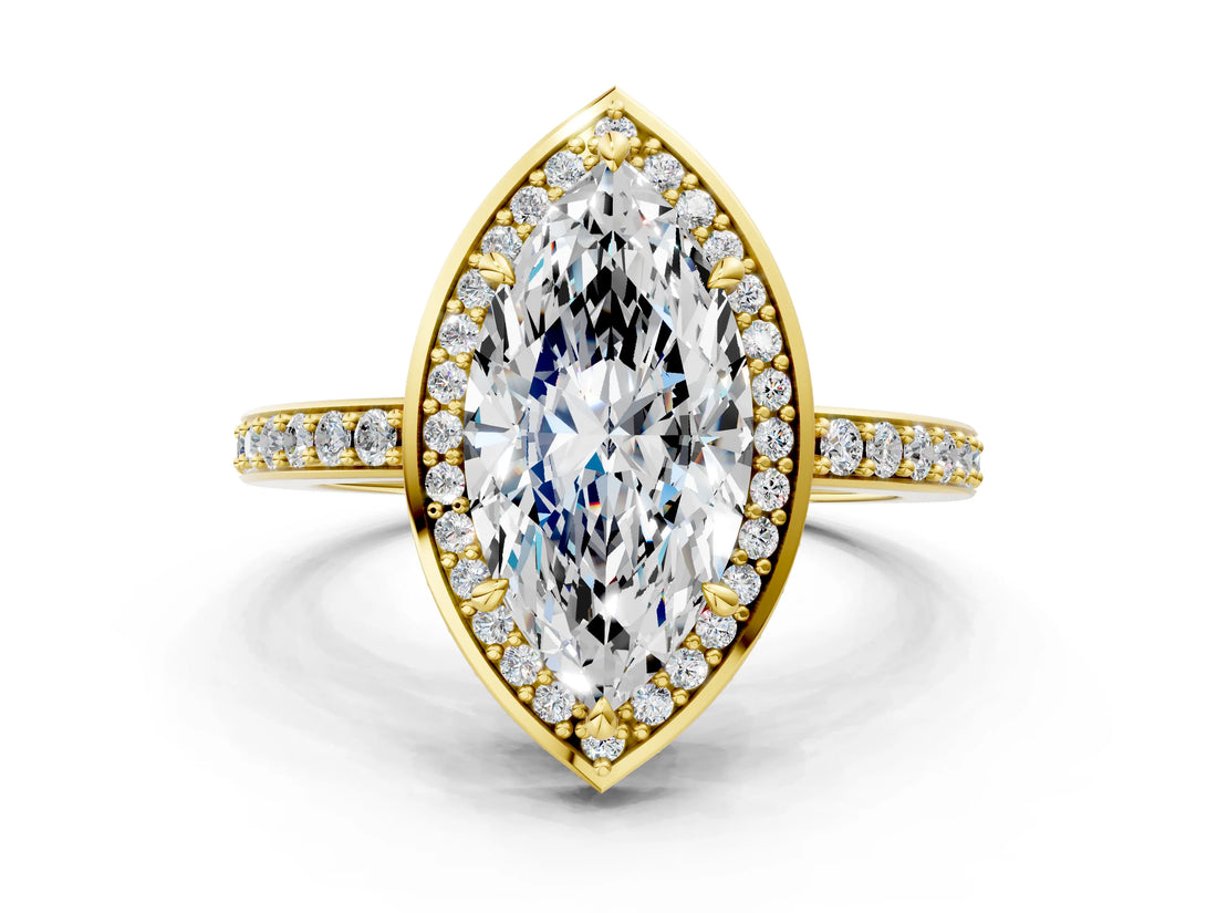 Yellow gold Marquise Halo Pave Band Solitaire Ring with Prong Setting_66