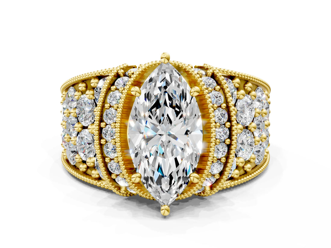 Yellow gold Marquise Halo Pave Diamond Engagement Ring with Milgrain Detailing_49