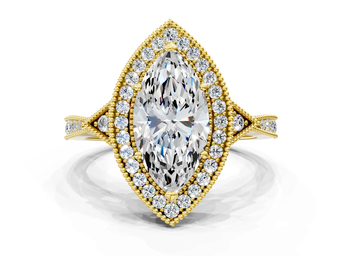 Yellow gold Marquise Halo Round Diamond Milgrain Pave Engagement Ring_9