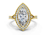 Yellow gold Marquise Halo Round Diamond Milgrain Pave Engagement Ring_9