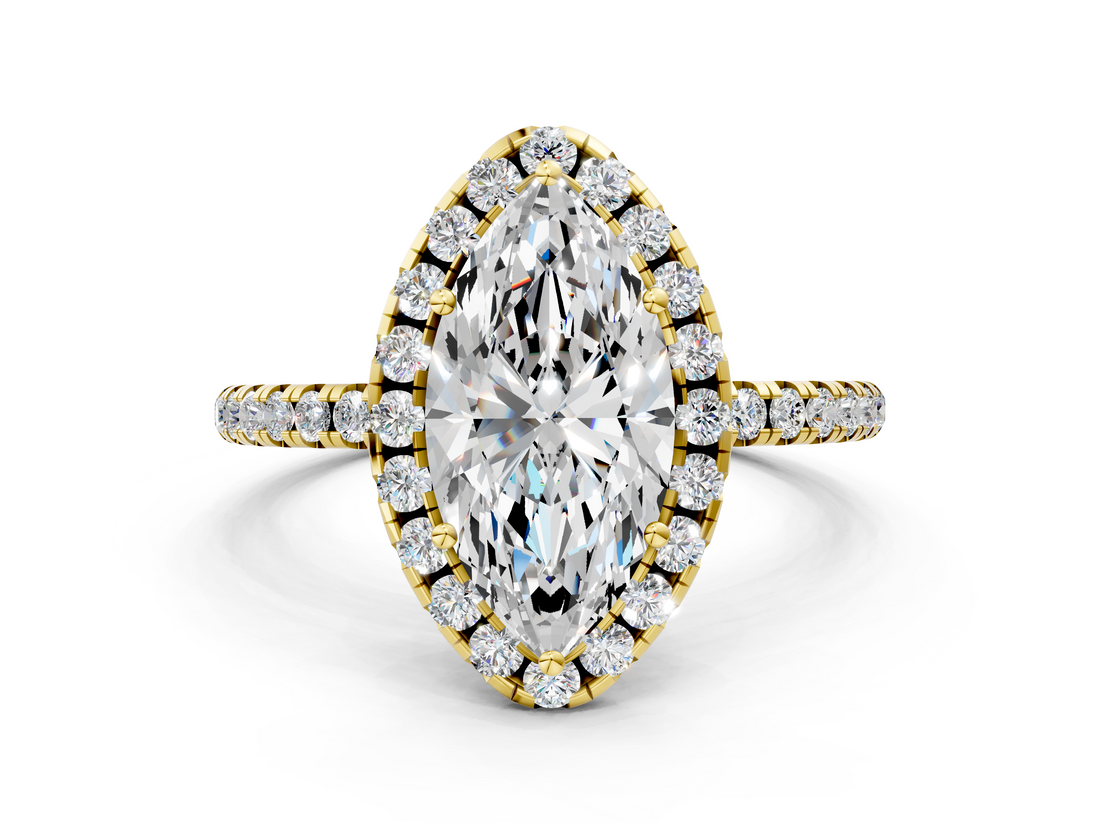 Yellow gold Marquise Halo Round Diamond Pavé Band Four-Prong Ring_3