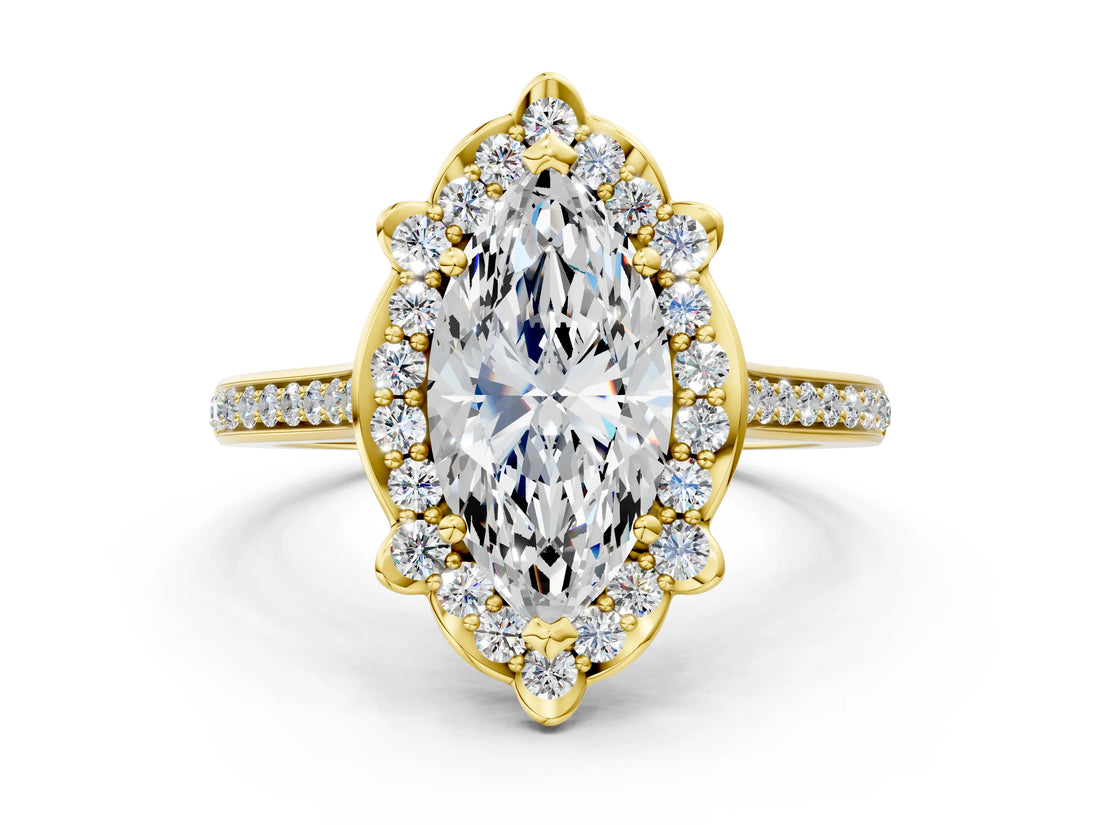 Yellow gold Marquise Halo Round Diamond Pave Band with Four-Prong Setting_38
