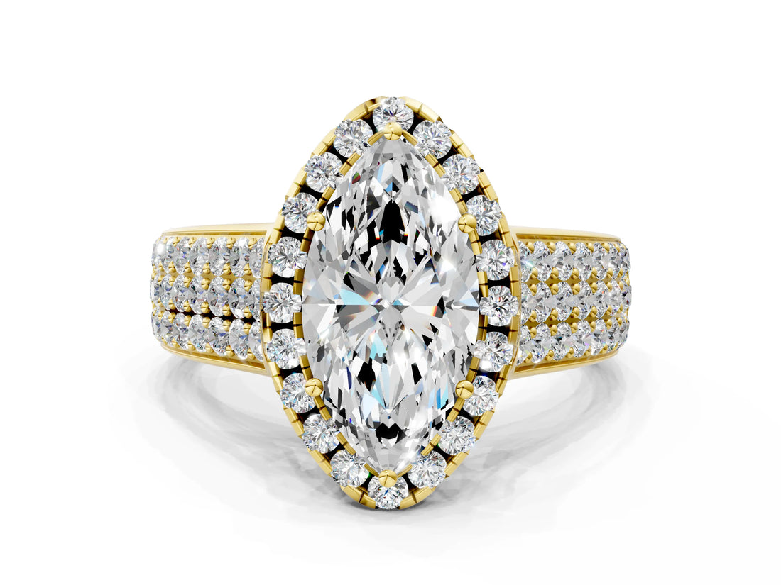 Yellow gold Marquise Halo Round Diamond Pave Band with Prong Setting