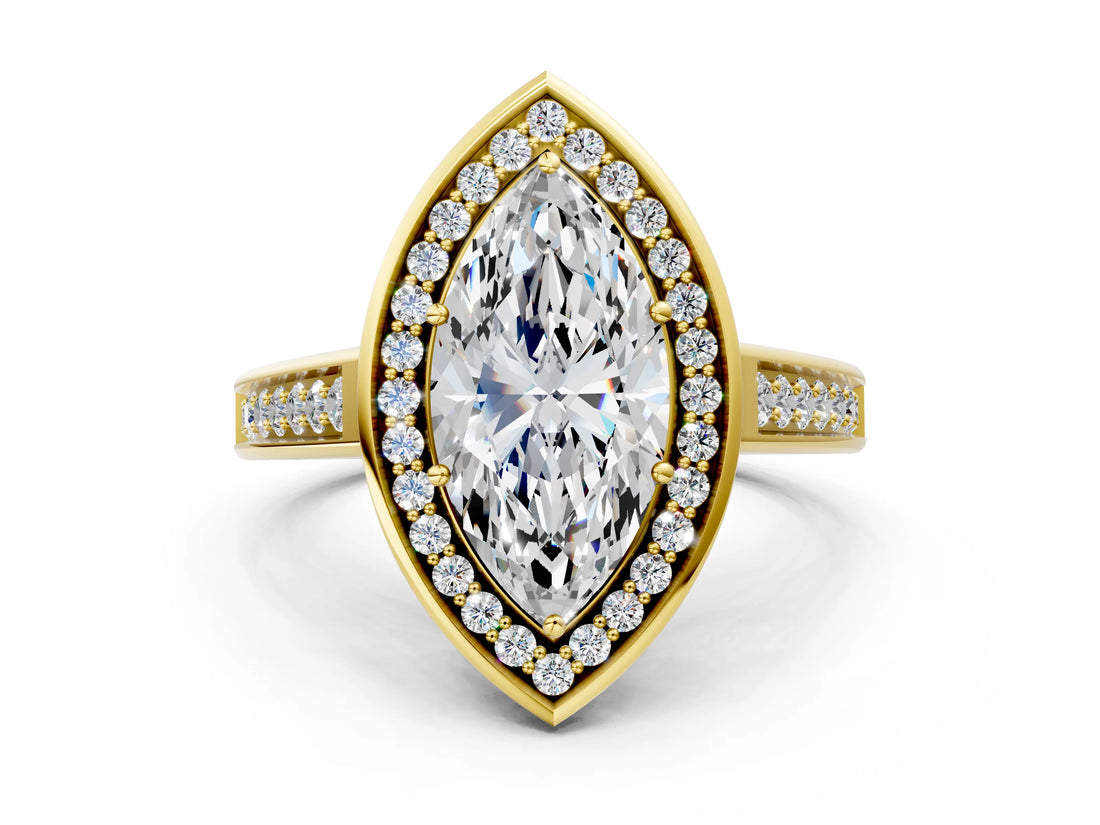 Yellow gold Marquise Halo Solitaire Diamond Ring with Pave Band and Bezel Setting_49