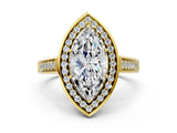 Yellow gold Marquise Halo Solitaire Diamond Ring with Pave Band and Bezel Setting_49