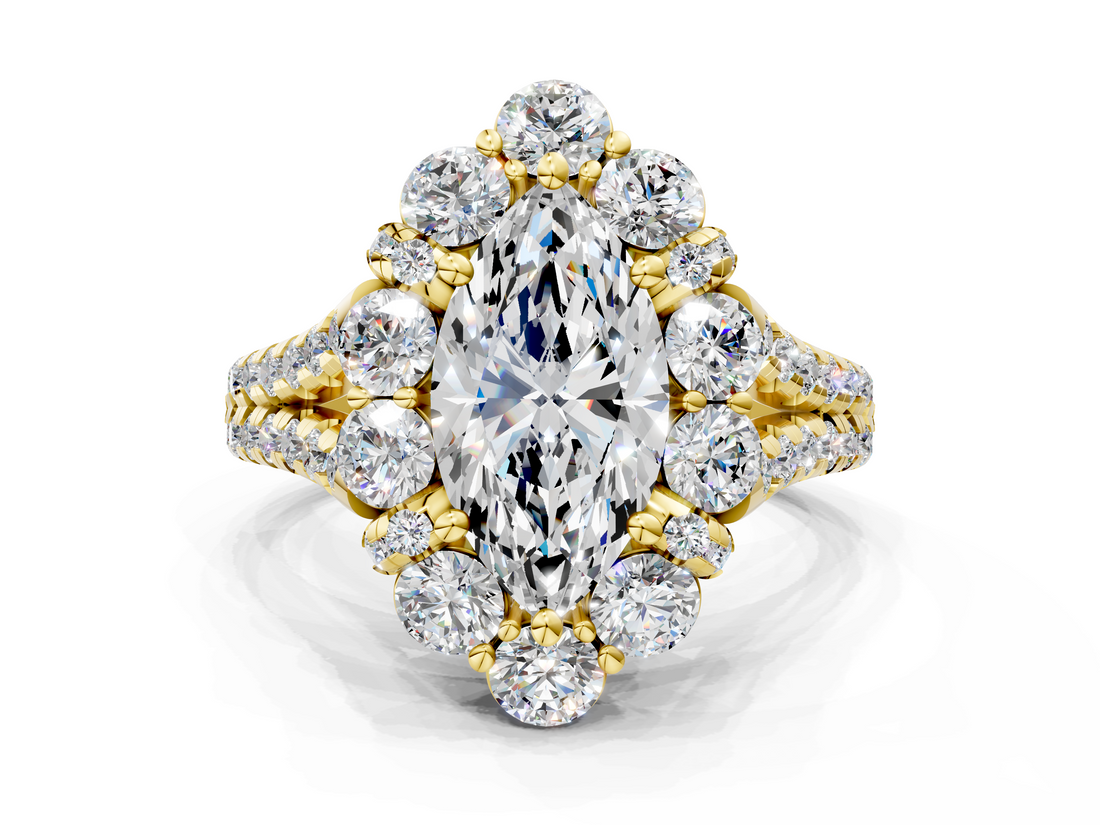 Yellow gold Marquise Halo Split Shank Diamond Engagement Ring with Pave Band and Four-Prong Setting_54