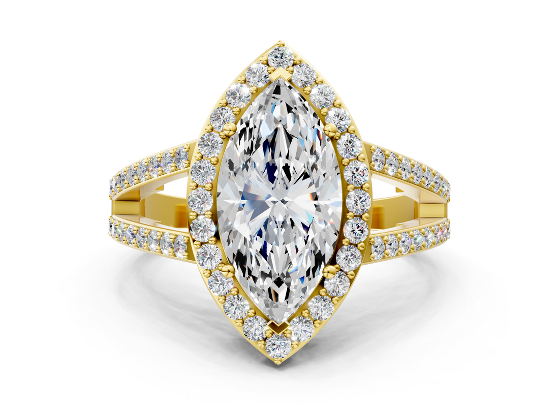 Yellow gold Marquise Halo Split Shank Diamond Ring with Four-Prong Setting_55