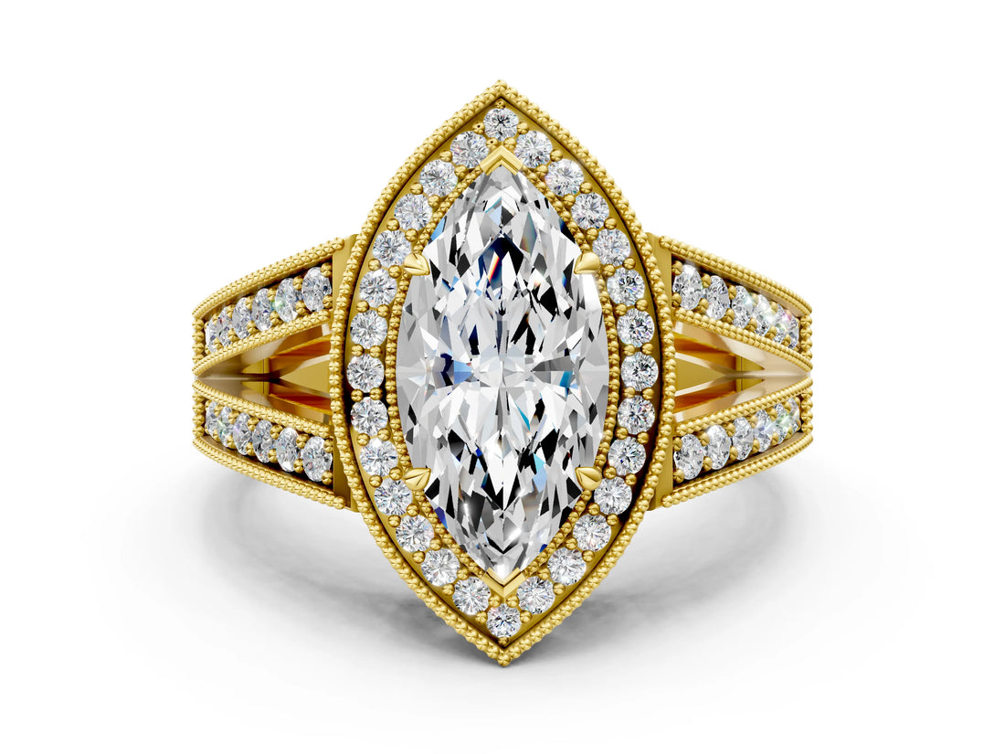 Yellow gold Marquise Halo Split Shank Diamond Ring with Milgrain Prong Setting_6