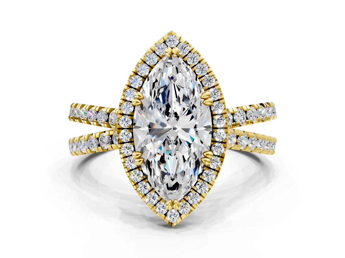 Yellow gold Marquise Halo Split Shank Diamond Ring with Pavé Setting