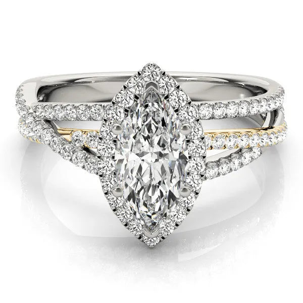 Yellow gold Marquise Halo Split-Shank Diamond Ring with Prong Setting