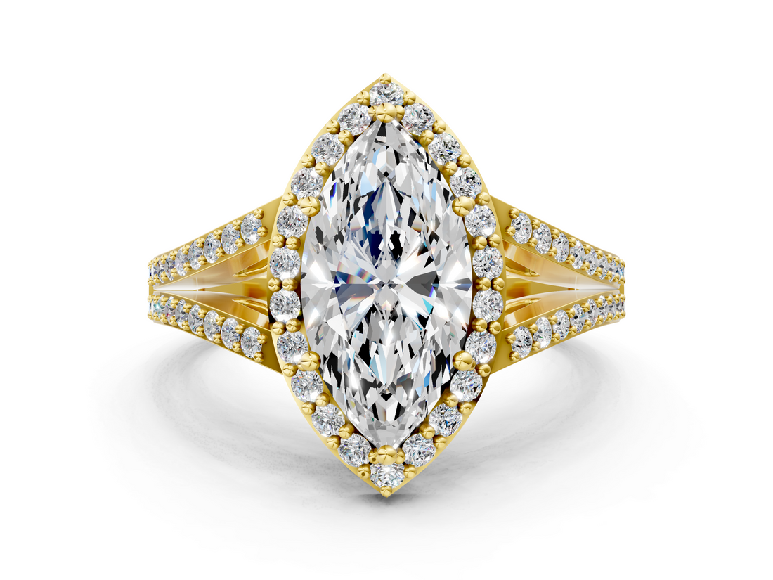 Yellow gold Marquise Halo Split Shank Diamond Ring with Prong Setting_19