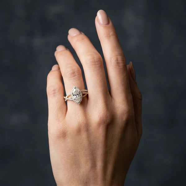 Yellow gold Marquise Halo Split-Shank Diamond Ring with Prong Setting