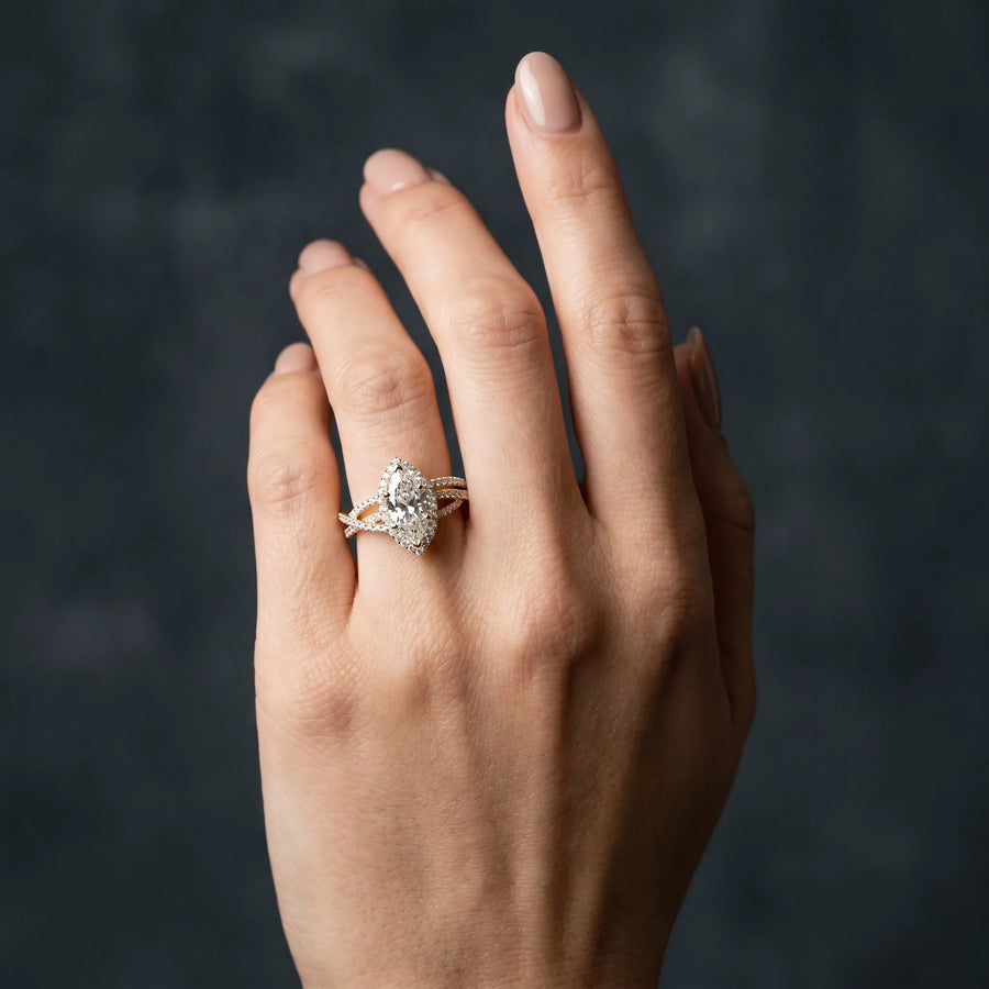 Yellow gold Marquise Halo Split-Shank Diamond Ring with Prong Setting