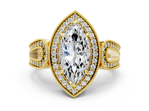 Yellow gold Marquise Halo Split Shank Milgrain Diamond Ring