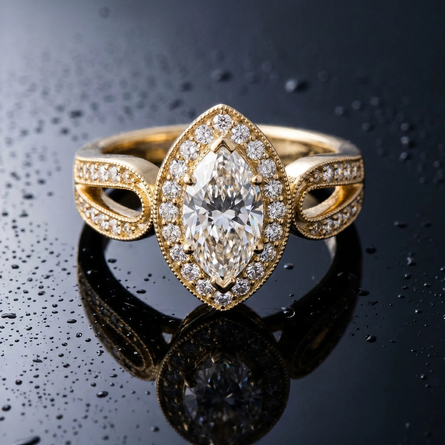 Yellow gold Marquise Halo Split Shank Milgrain Diamond Ring