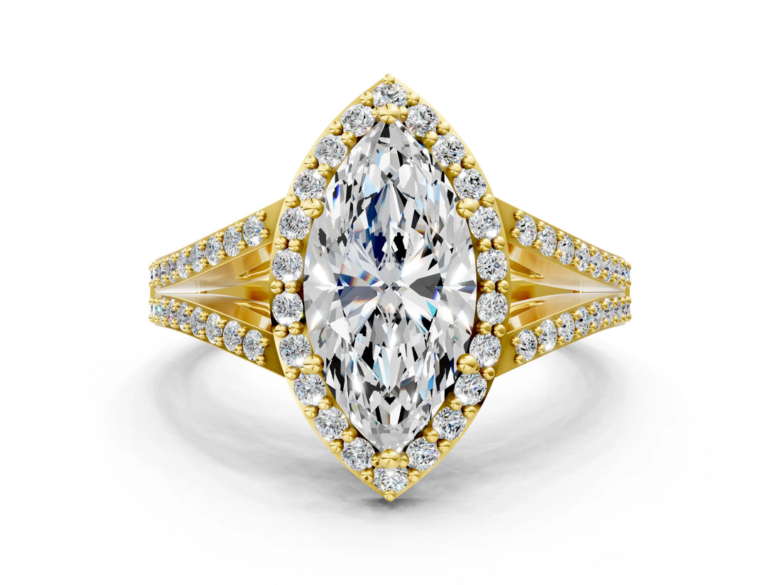 Yellow gold Marquise Halo Split Shank Pave Diamond Ring with Four-Prong Setting_48