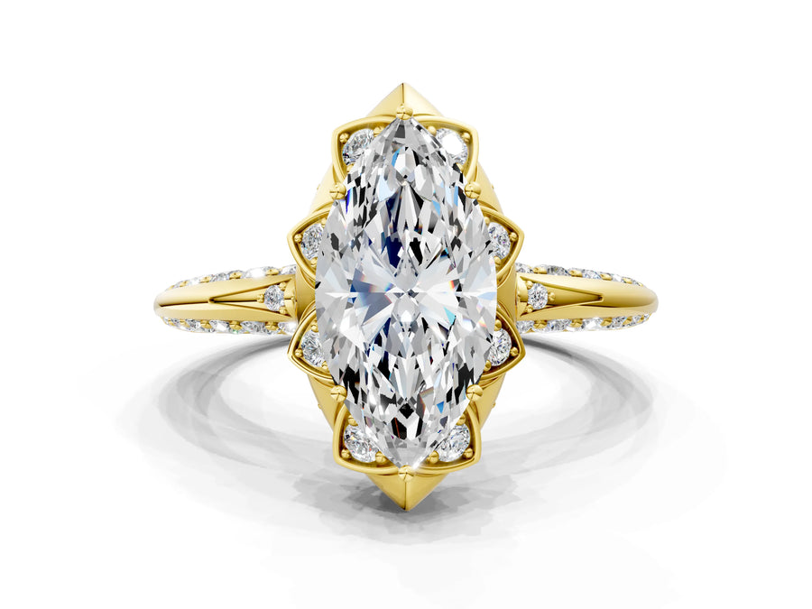 Yellow gold Marquise Halo Split Shank Pave Diamond Ring with Petal Prong Setting