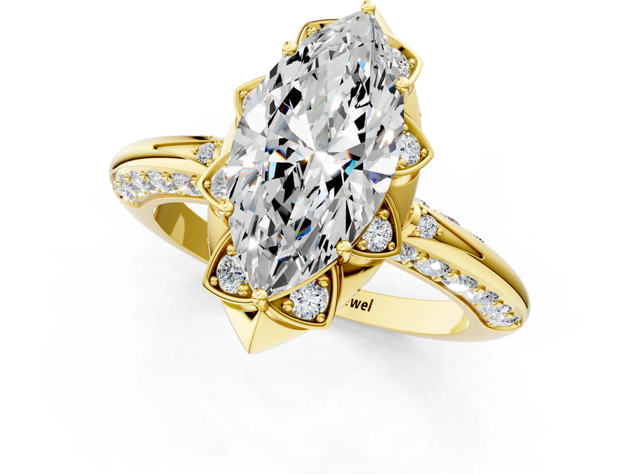 Yellow gold Marquise Halo Split Shank Pave Diamond Ring with Petal Prong Setting