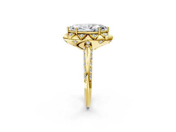 Yellow gold Marquise Halo Split Shank Pave Diamond Ring with Petal Prong Setting