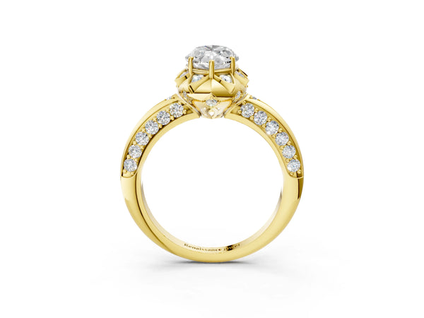 Yellow gold Marquise Halo Split Shank Pave Diamond Ring with Petal Prong Setting