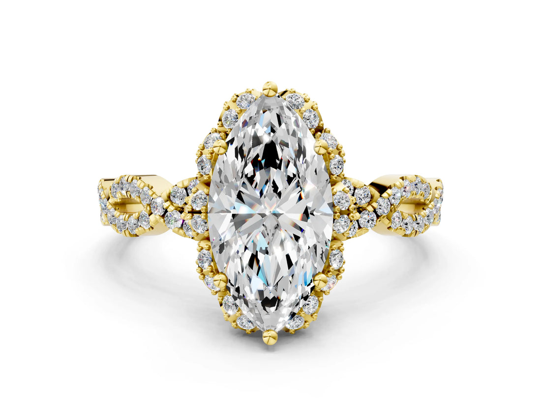 Yellow gold Marquise Halo Twist Band Solitaire Ring with Six-Prong Setting_33