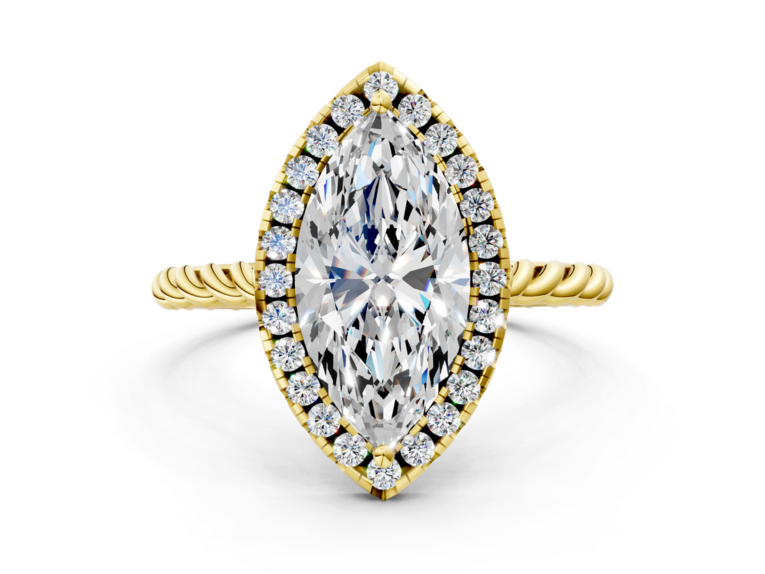 Yellow gold Marquise Halo Twisted Band Four-Prong Diamond Ring_19